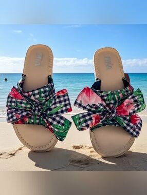 MIA Brenda Floral Gingham Checkered Floral Bow Slide-in Espadrilles Size 8